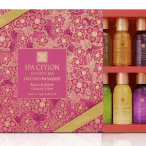 Spa Ceylon Ayurvedic luxury gift set with vibrant packaging and assorted bottles.