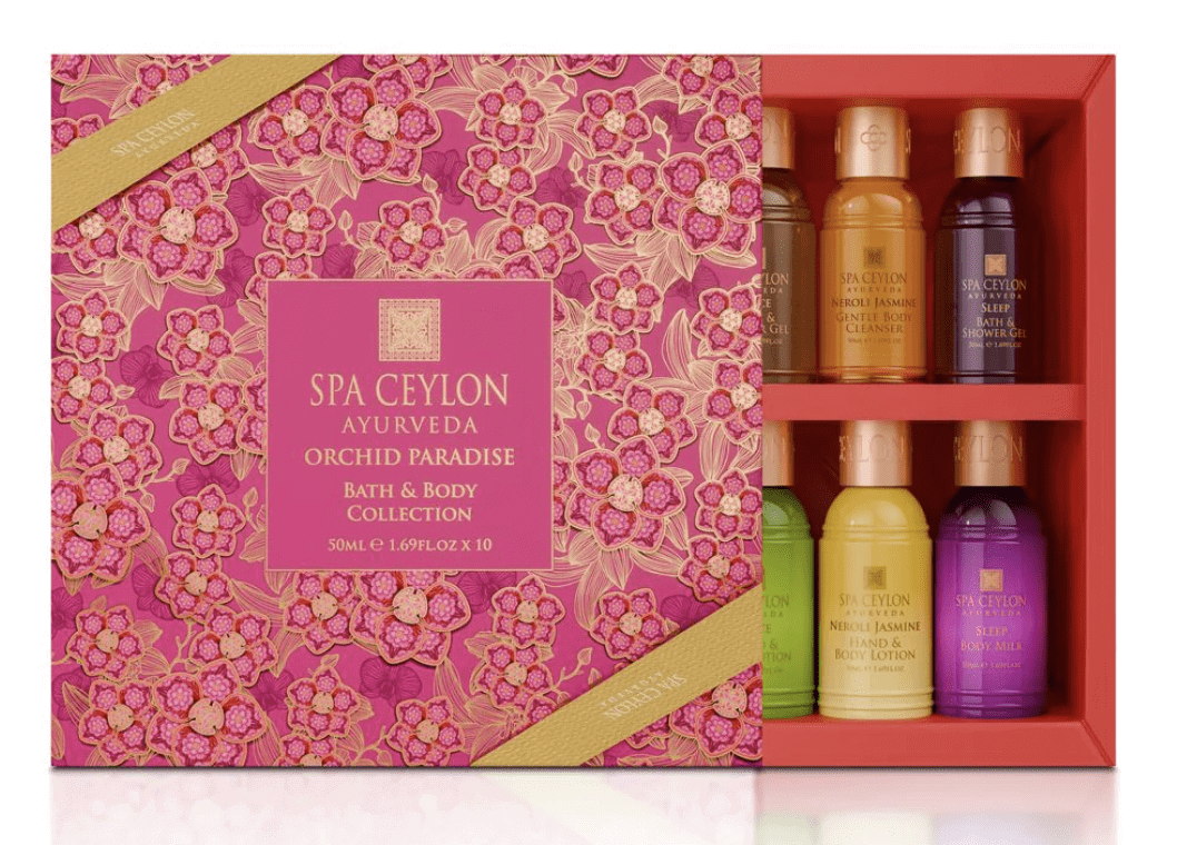Spa Ceylon Ayurvedic luxury gift set with vibrant packaging and assorted bottles.