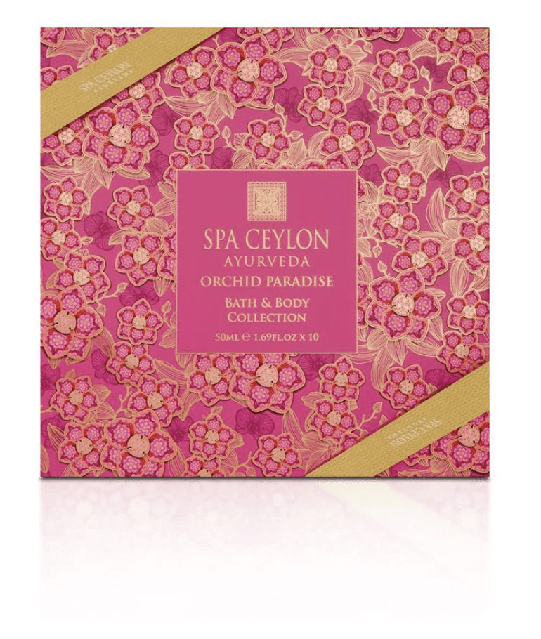 Spa Ceylon Ayurveda gift box with a pink floral design.