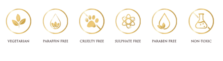Icons showing cruelty-free and sulphate-free product labels in gold.
