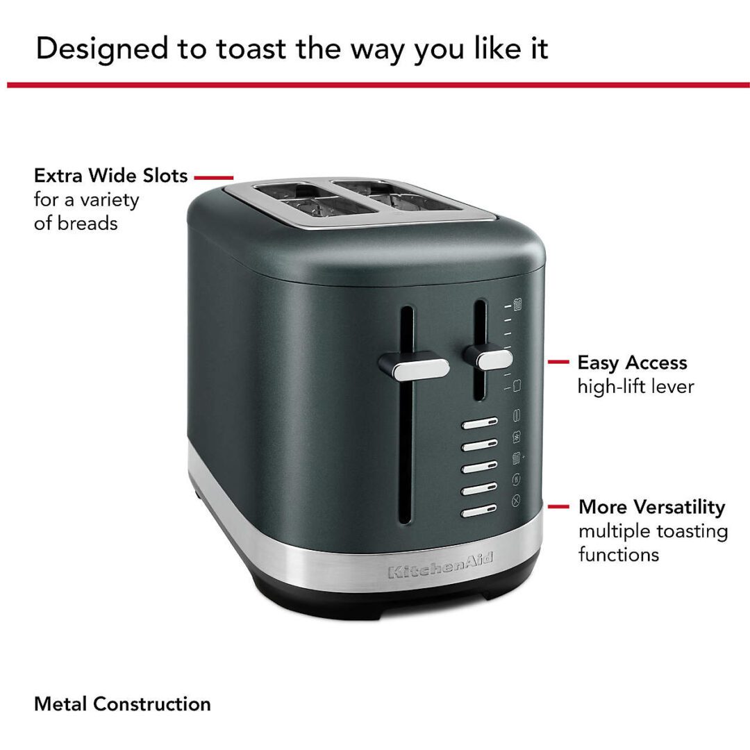 Modern black toaster with sleek metal design and easy-to-use controls.