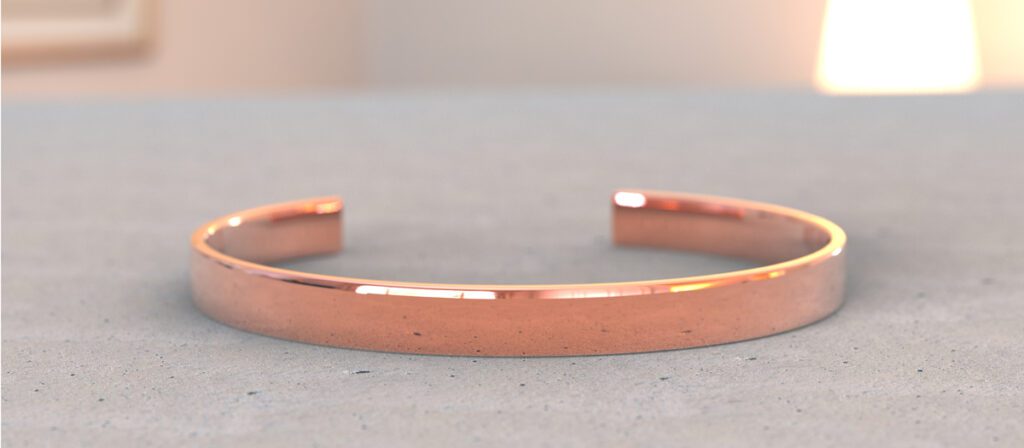 Copper bracelet close-up in interior, mock-up for custom product.
