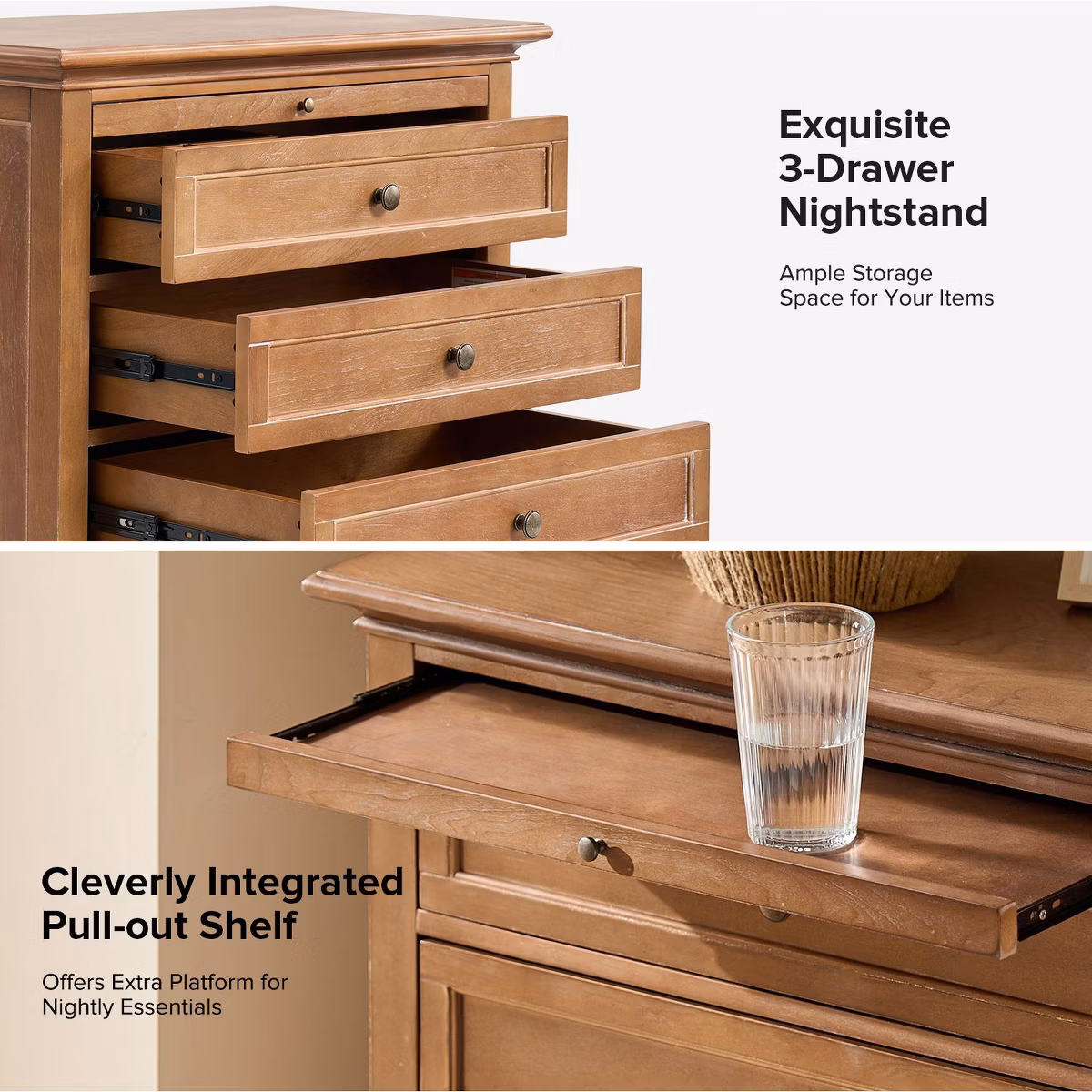 Elegant 3-drawer nightstand with integrated pull-out shelf and classic design.
