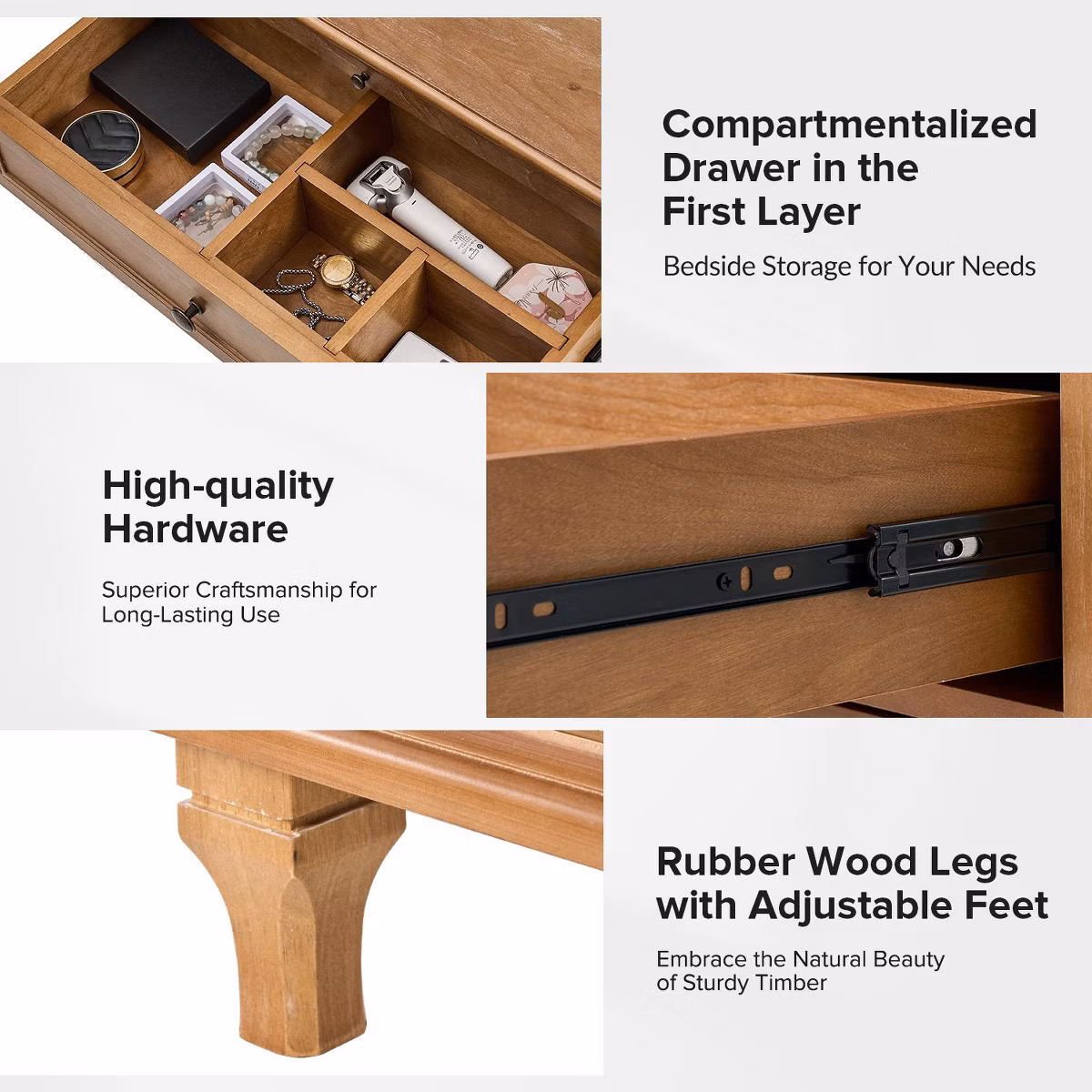 Detailed images showing a wooden drawer organizer with compartments and rubber feet.