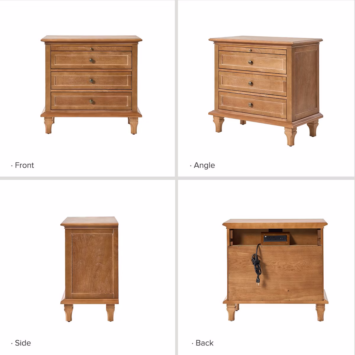 A wooden three-drawer chest shown from four angles.