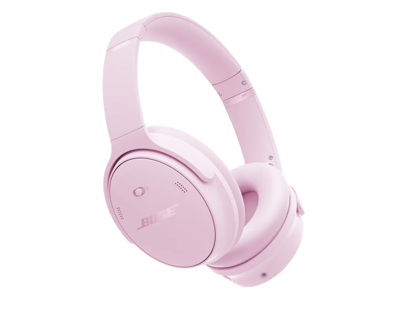 Sleek pink wireless over-ear headphones with minimalist design.