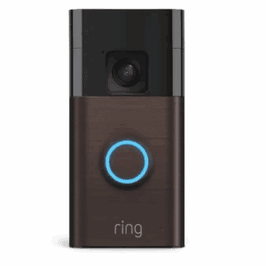 A modern Ring video doorbell with a glowing blue button.
