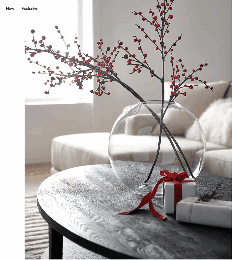 A clear vase with red berries on a wooden table in a cozy living room.