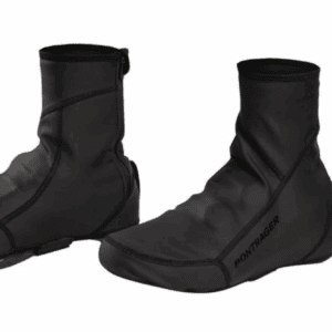 Pair of black high-top cycling shoe covers.