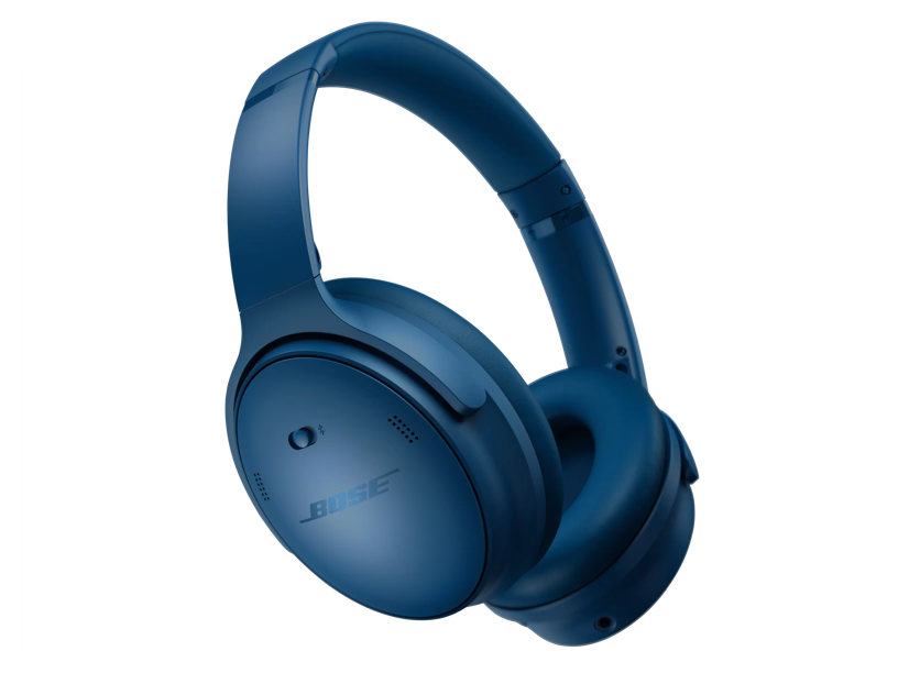 Sleek dark blue wireless over-ear headphones with cushioned ear cups.