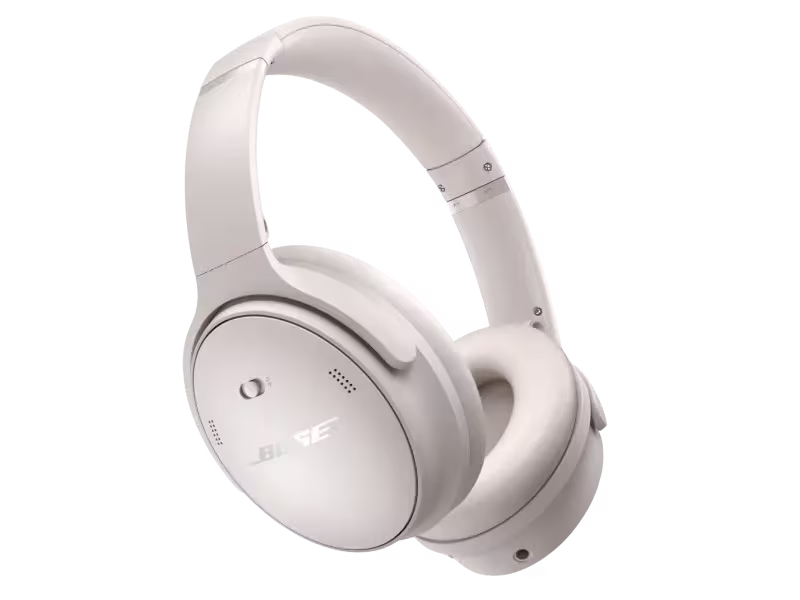 Sleek white over-ear wireless headphones with padded ear cups.