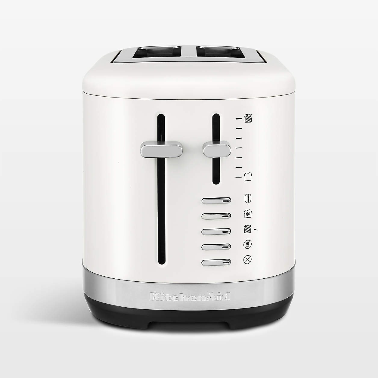 White four-slice toaster with adjustable settings and levers.