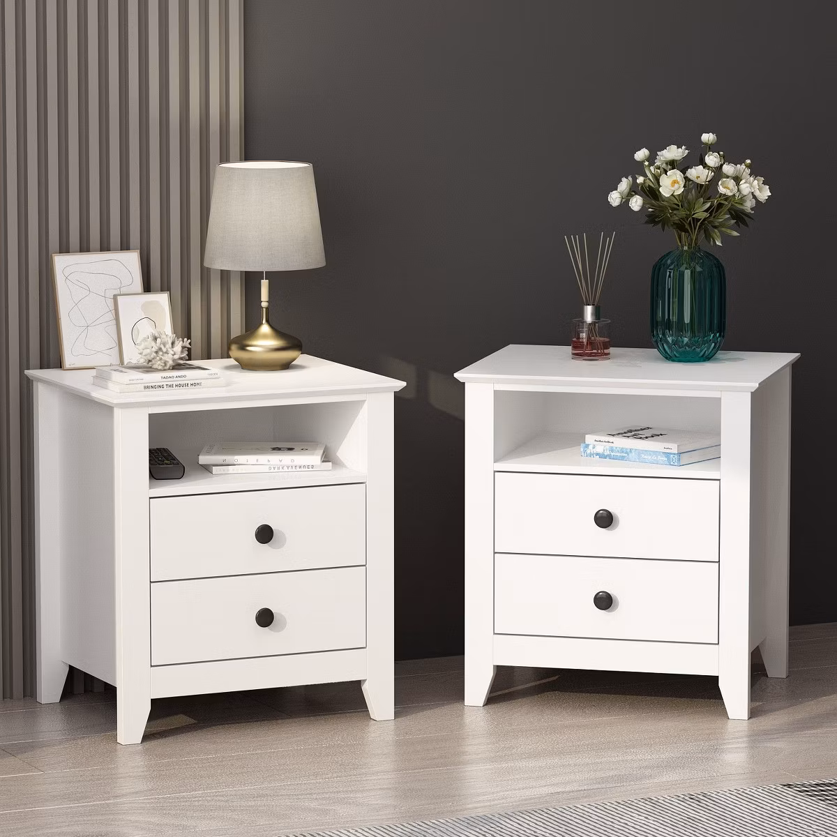 Two white nightstands with lamp and vase