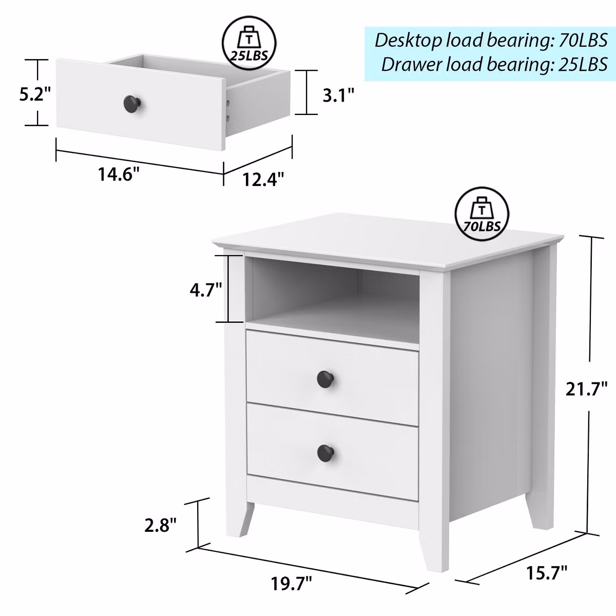 White nightstand with open shelf and drawers