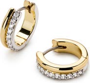 Pair of gold huggie hoop earrings with diamonds