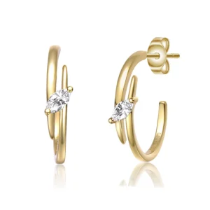 CZ Sterling Silver Double Curve C-Hoop Earrings (14K Gold Plated)