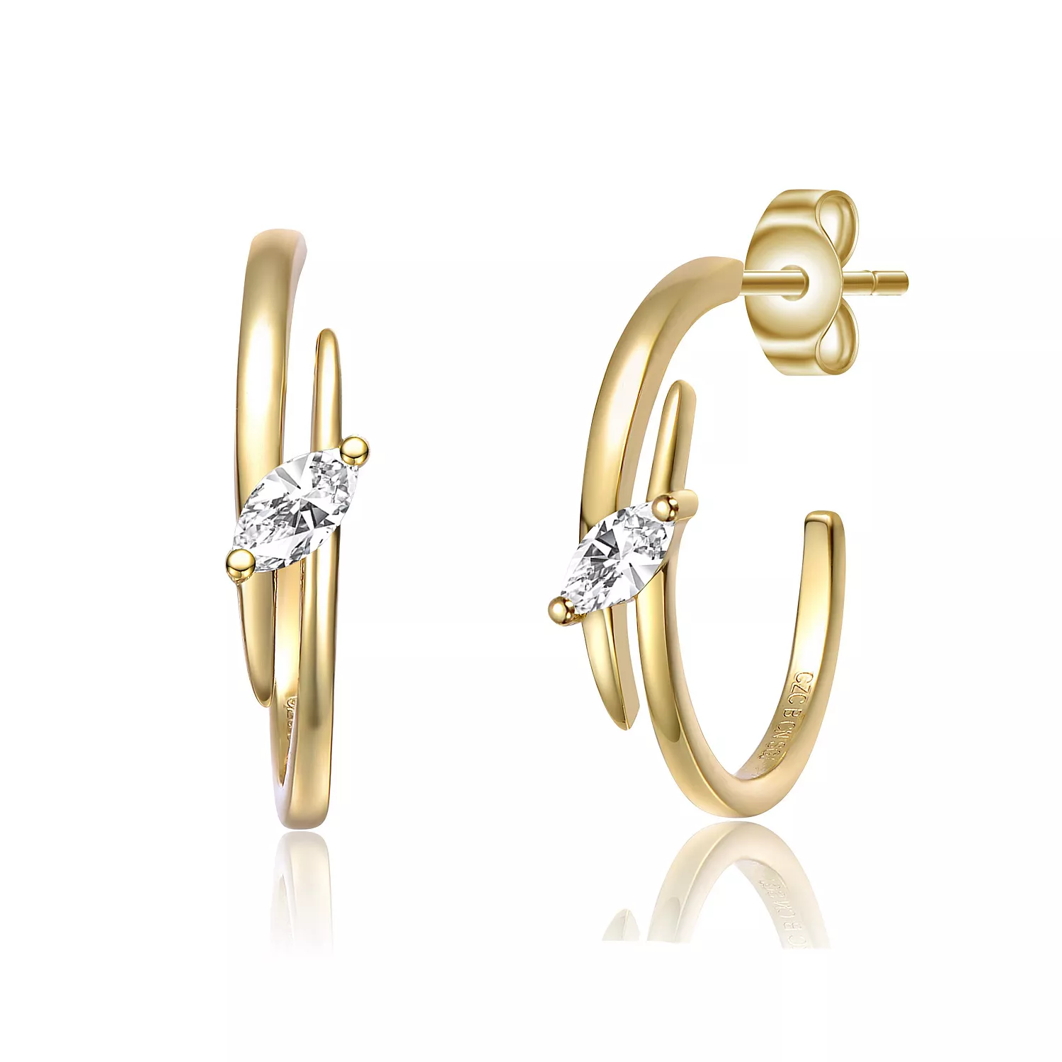 CZ Sterling Silver Double Curve C-Hoop Earrings (14K Gold Plated)