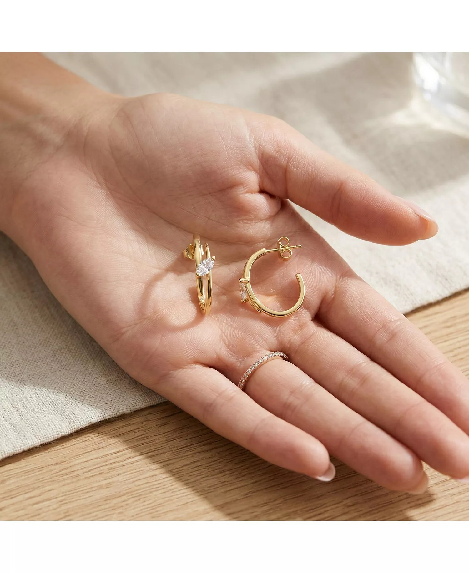 CZ Sterling Silver Double Curve C-Hoop Earrings (14K Gold Plated) - Image 4