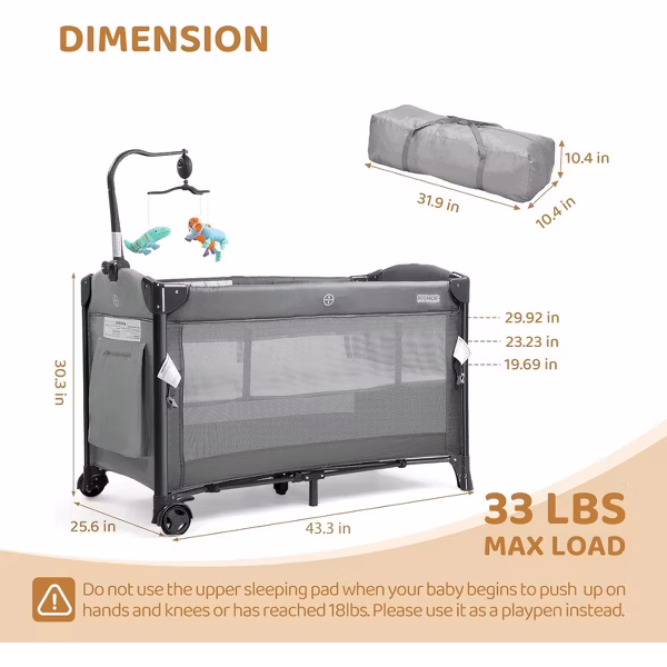 JOYMOR Baby Bedside Bassinet, Pack n Play Convert Playpen, Quick Foldable Travel Bed with Wheels & Brake,,also with mattress - Image 8