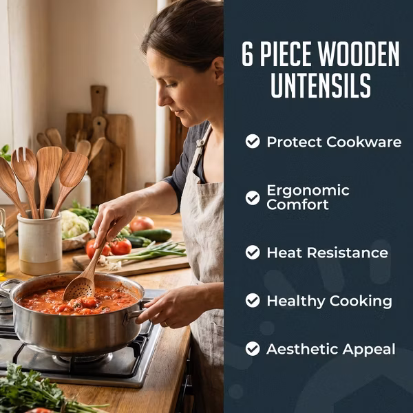 Premium Natural Teak Wood Kitchen Utensil Set,6 Piece Utensil Set - Image 4