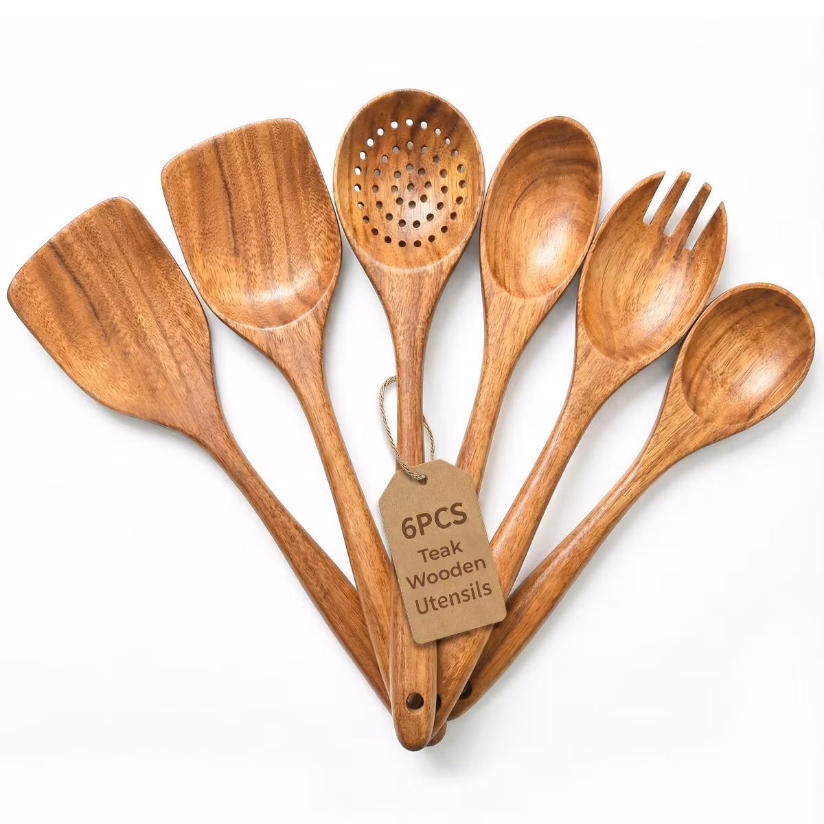 Premium Natural Teak Wood Kitchen Utensil Set,6 Piece Utensil Set