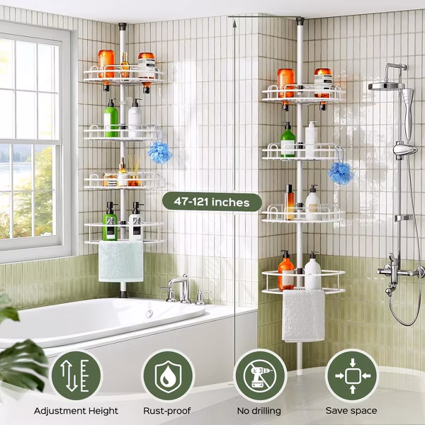 HAMITOR Corner Shower Caddy Tension Pole: Rustproof Bathroom Organizer Shelves - Image 4
