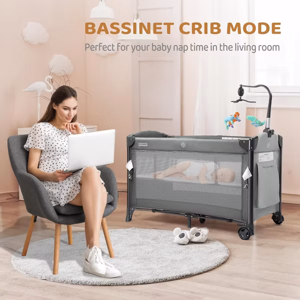 JOYMOR Baby Bedside Bassinet, Pack n Play Convert Playpen, Quick Foldable Travel Bed with Wheels & Brake,,also with mattress - Image 4