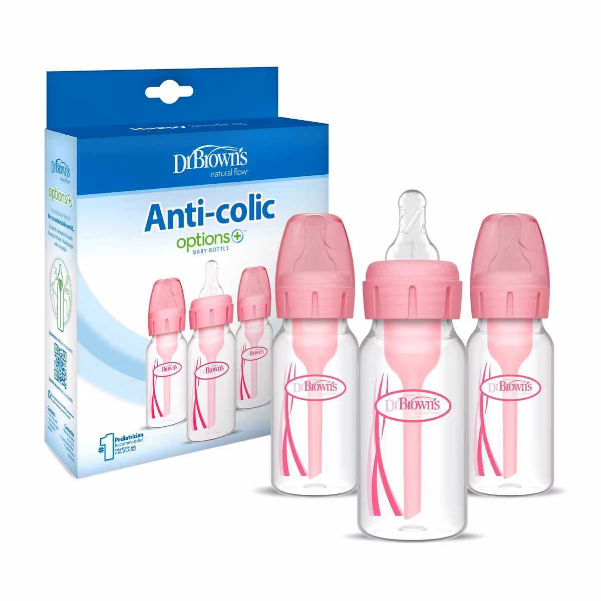 Dr. Brown's 4oz Anti-Colic Options+ Narrow Baby Bottle with Level 1 Slow Flow Nipple- 3pk