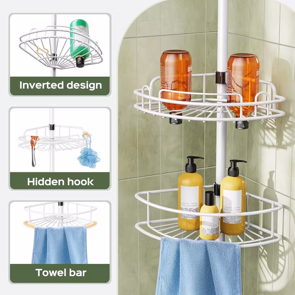 HAMITOR Corner Shower Caddy Tension Pole: Rustproof Bathroom Organizer Shelves - Image 5