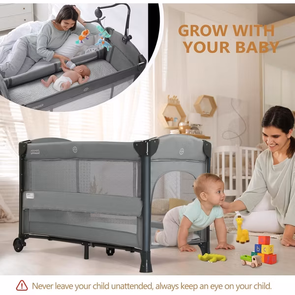 JOYMOR Baby Bedside Bassinet, Pack n Play Convert Playpen, Quick Foldable Travel Bed with Wheels & Brake,,also with mattress - Image 5