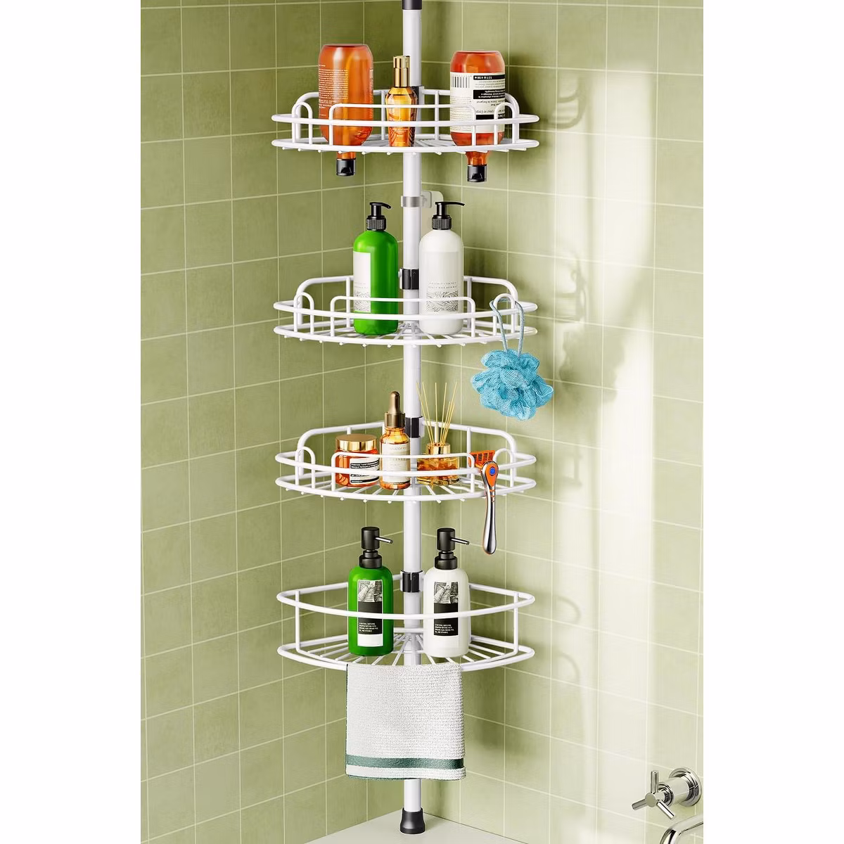 HAMITOR Corner Shower Caddy Tension Pole: Rustproof Bathroom Organizer Shelves