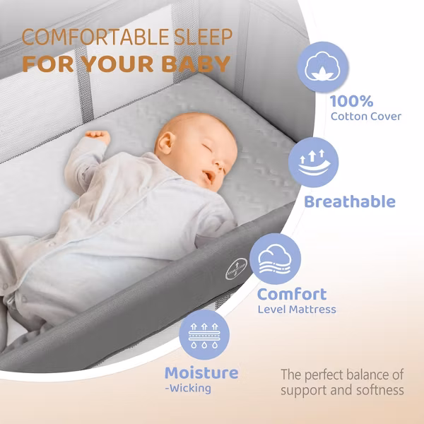 JOYMOR Baby Bedside Bassinet, Pack n Play Convert Playpen, Quick Foldable Travel Bed with Wheels & Brake,,also with mattress - Image 2