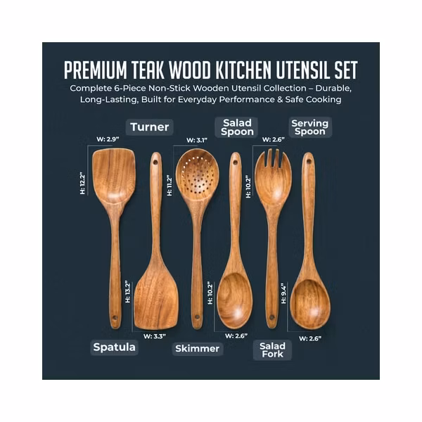 Premium Natural Teak Wood Kitchen Utensil Set,6 Piece Utensil Set - Image 2