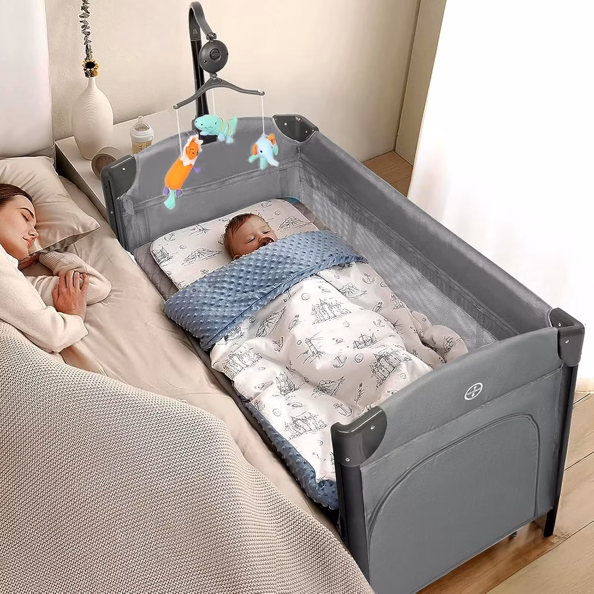 JOYMOR Baby Bedside Bassinet, Pack n Play Convert Playpen, Quick Foldable Travel Bed with Wheels & Brake,,also with mattress