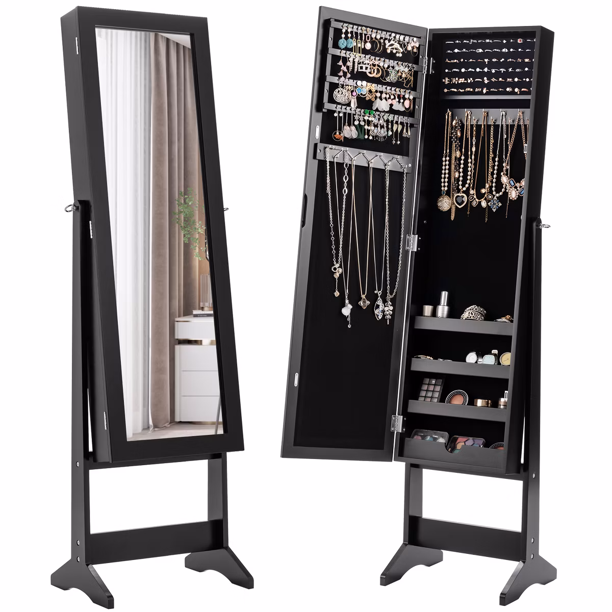 Jewelry Mirrored Cabinet Armoire Organizer Storage Box w/ Stand -Costway - Image 4