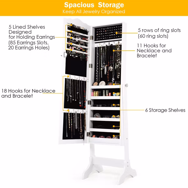 Mirrored Jewelry Cabinet Organizer White Storage Box - Costway - Image 8