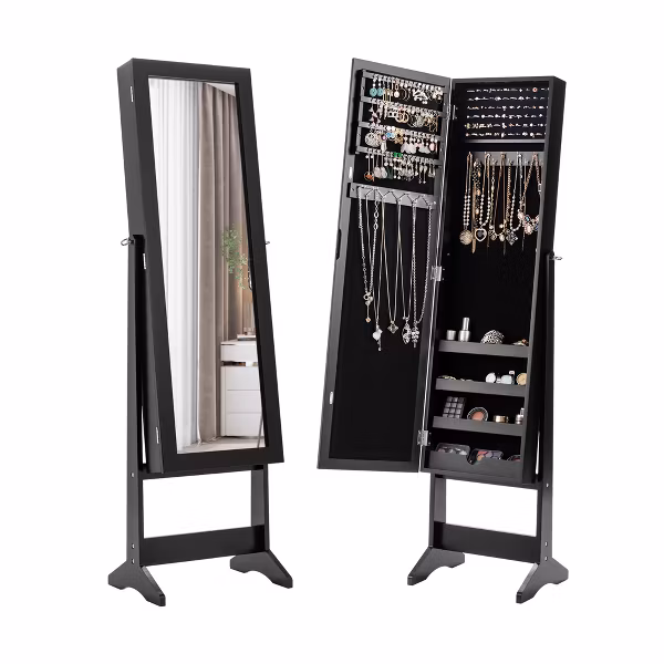 Jewelry Mirrored Cabinet Armoire Organizer Storage Box w/ Stand -Costway