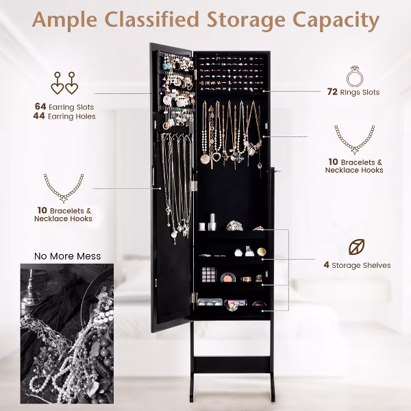 Jewelry Mirrored Cabinet Armoire Organizer Storage Box w/ Stand -Costway - Image 8