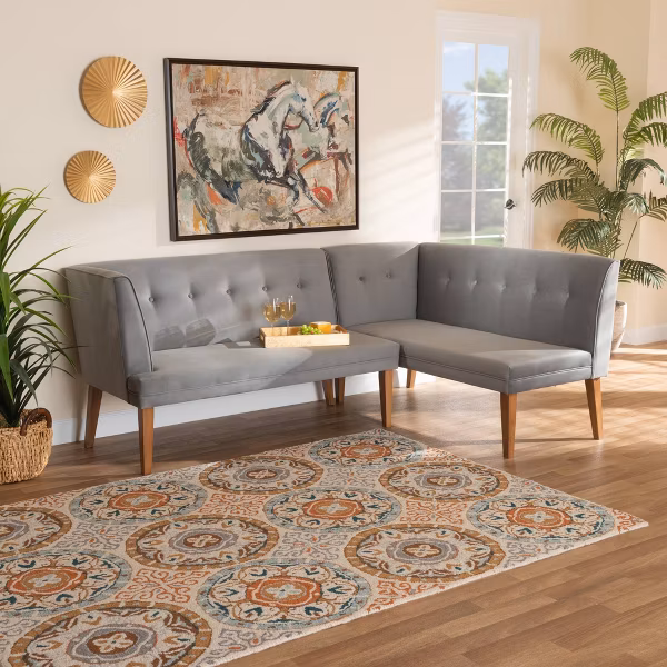 2pc Stewart Upholstered and Wood Dining Nook Banquette Set Gray/Walnut :Baxton Studio - Image 2