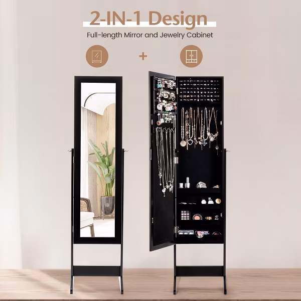 Jewelry Mirrored Cabinet Armoire Organizer Storage Box w/ Stand -Costway - Image 9