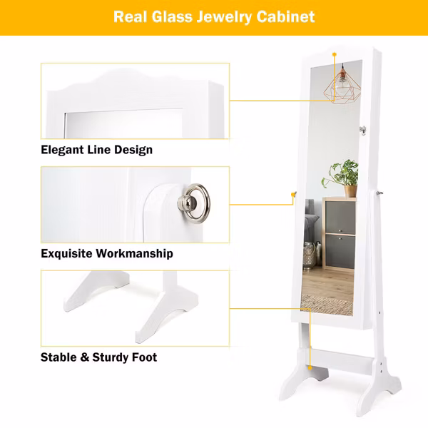 Mirrored Jewelry Cabinet Organizer White Storage Box - Costway - Image 9