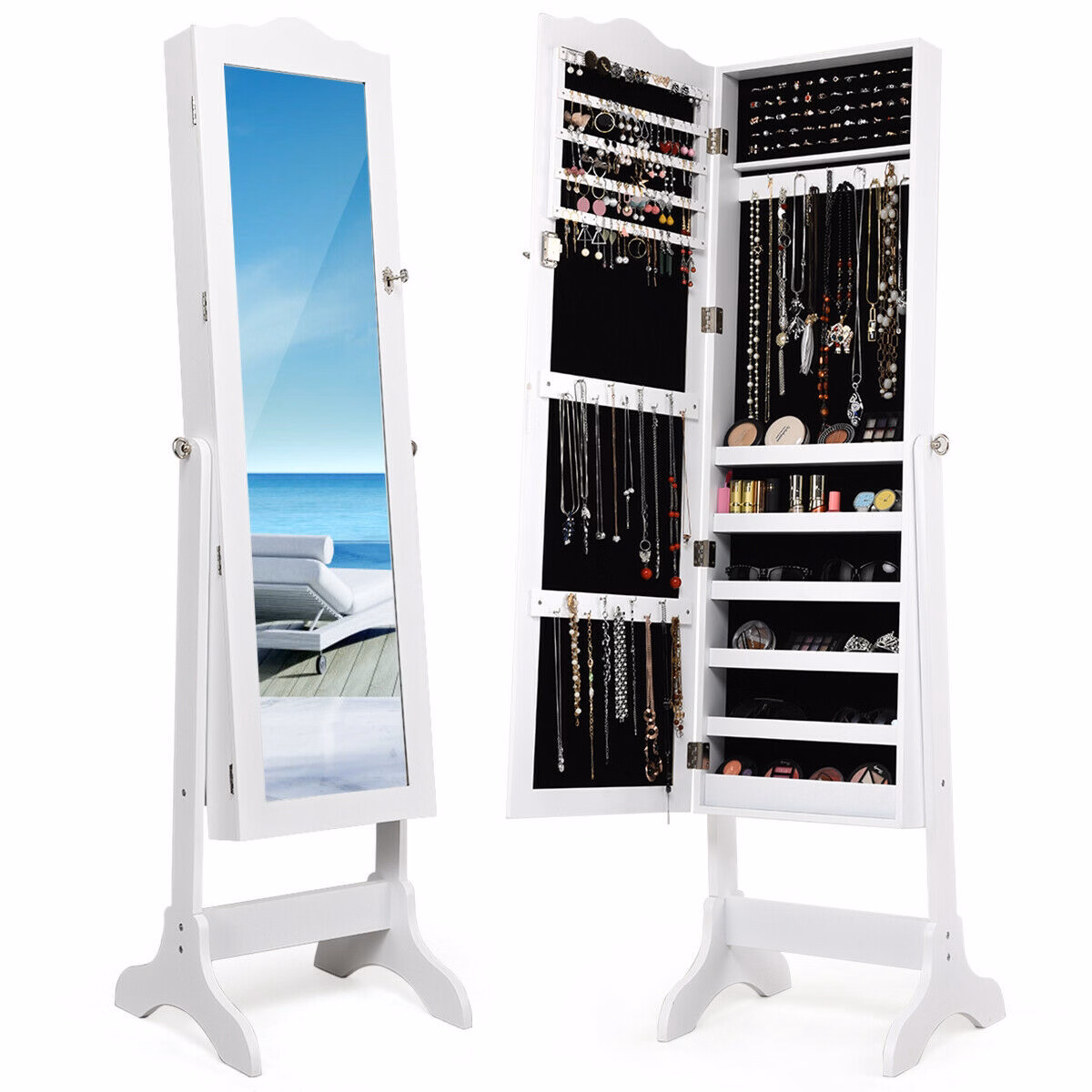 Mirrored Jewelry Cabinet Organizer White Storage Box - Costway